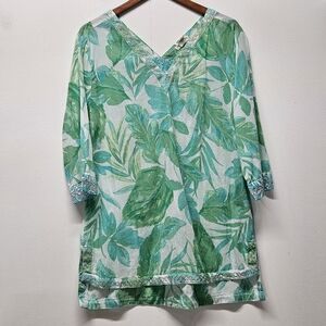 Christian Siriano Tunic Top Womens L Pullover 3/4 Sleeve V-Neck Tropical Green